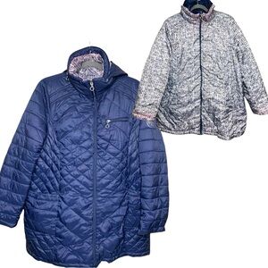 Hooded Reversible Quilted Jacket 1XL Navy Blue Abstract Print Lightweight Coat